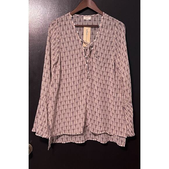 NWT Boutique Emory Park L/S Peasant Blouse Lace Up Neckline Taupe Navy Pattern L - Picture 3 of 11